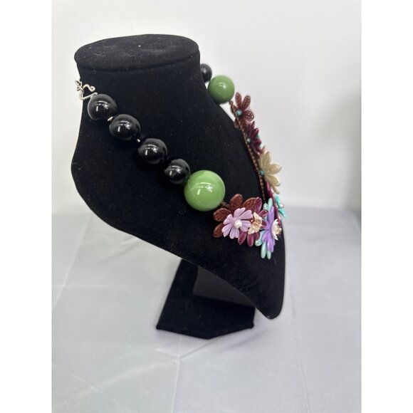 Floral Design Statement Necklace With Multicolor Paper Flowers & Large Beads - Picture 2 of 5